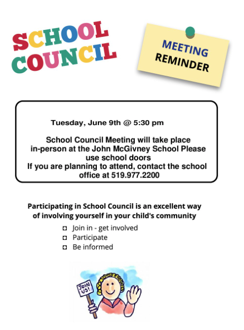 School Council Meeting – Tuesday, June 9th